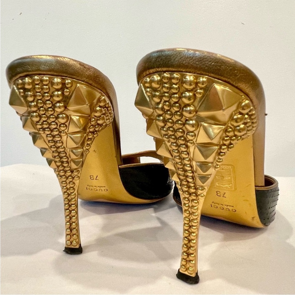 Gucci Rare Tom Ford Runway snakeskin slides, reptilian heel, blk & gold, 7, EUC - Picture 2 of 16